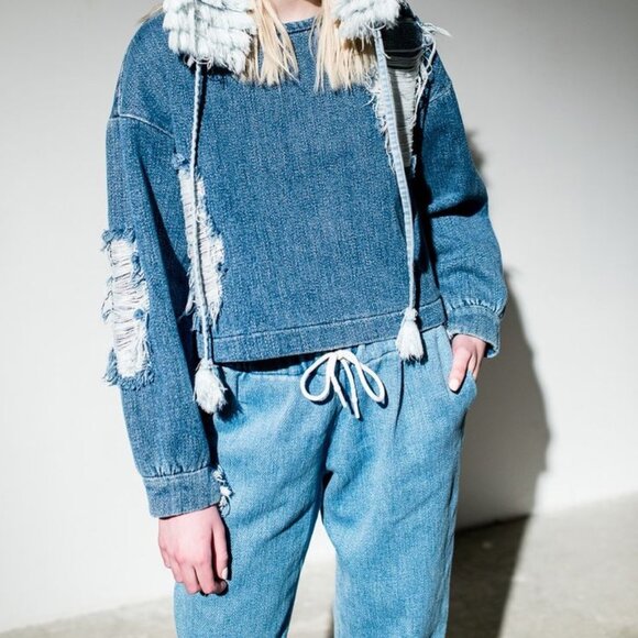 Designer Fall/Winter 2018 Ready-To-Wear Collection Distressed Denim Sweater - Picture 1 of 6